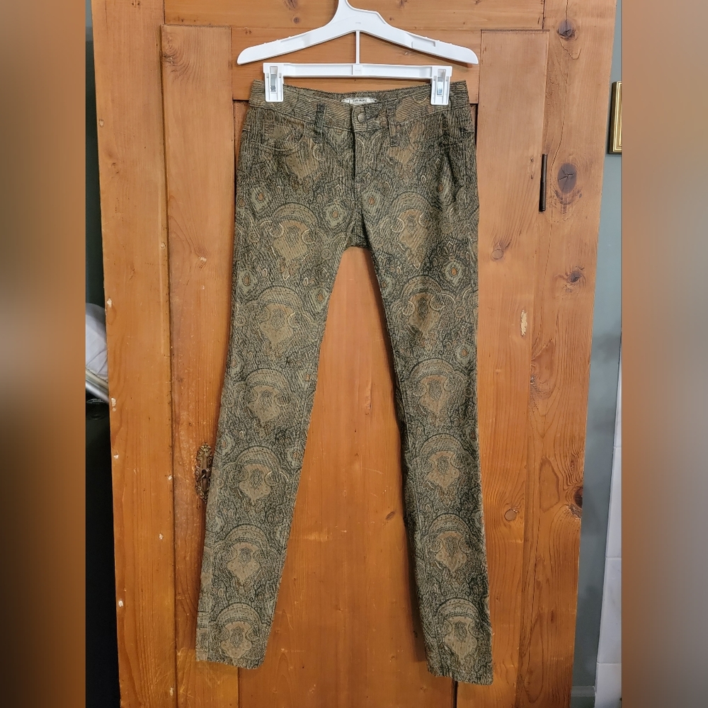 Free People Moss Green Paisley Print Corduroy Pants SZ 25